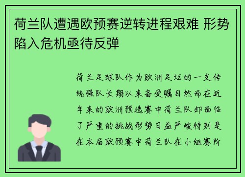 荷兰队遭遇欧预赛逆转进程艰难 形势陷入危机亟待反弹