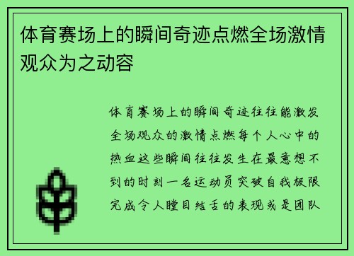 体育赛场上的瞬间奇迹点燃全场激情观众为之动容