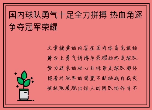 国内球队勇气十足全力拼搏 热血角逐争夺冠军荣耀
