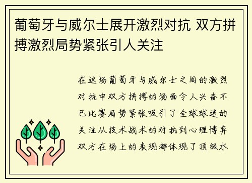 葡萄牙与威尔士展开激烈对抗 双方拼搏激烈局势紧张引人关注