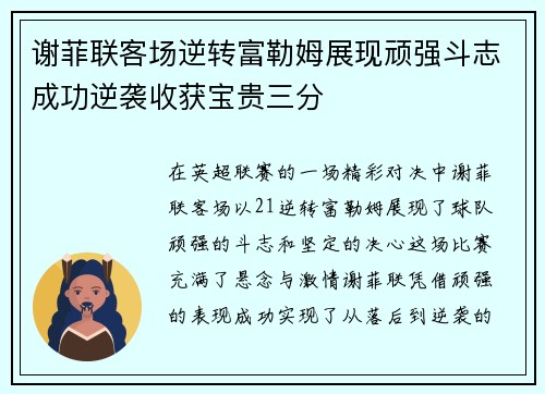 谢菲联客场逆转富勒姆展现顽强斗志成功逆袭收获宝贵三分