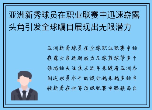 亚洲新秀球员在职业联赛中迅速崭露头角引发全球瞩目展现出无限潜力