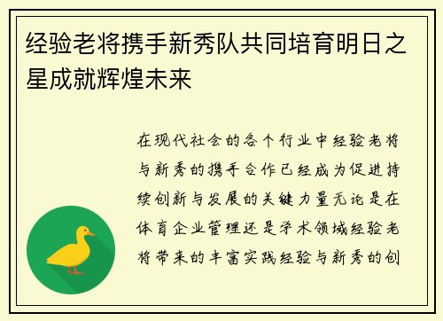 经验老将携手新秀队共同培育明日之星成就辉煌未来