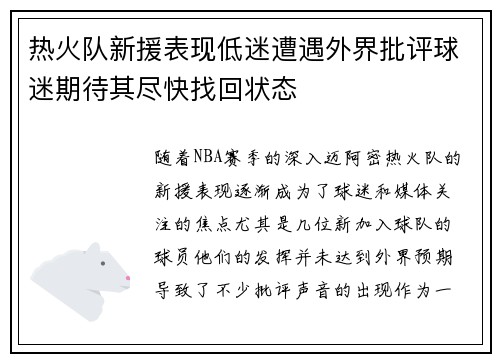 热火队新援表现低迷遭遇外界批评球迷期待其尽快找回状态